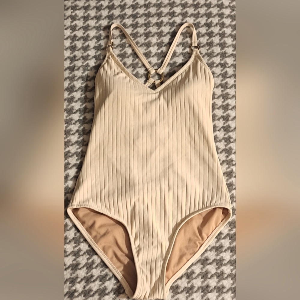 Kona Sol one-piece off-white swimsuit with gold ring accents (Target)